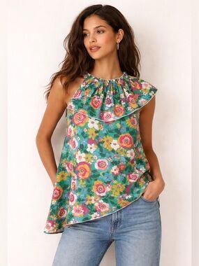 Chepè Italy Asymmetrical Floral Cotton Blouse Pleated Collar Designer Sz M